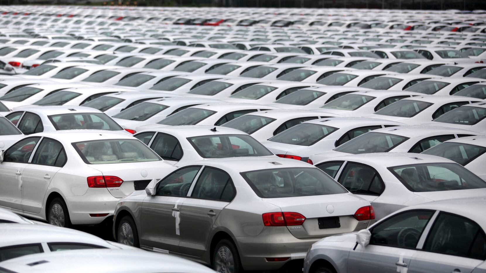Volkswagen Jettas produced in Mexico for export are parked at the port terminal in Veracruz,...