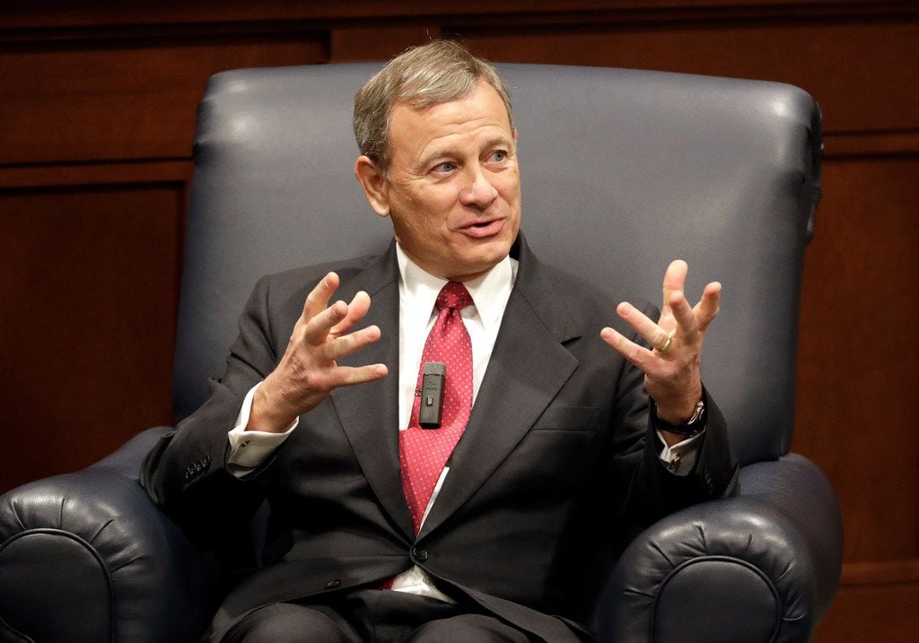 Supreme Court Chief Justice John Roberts answers questions during an appearance at Belmont...