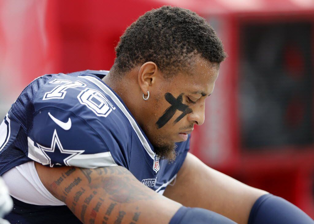 Dallas Cowboys defensive end Greg Hardy (76) on the bench before a game against the Tampa...
