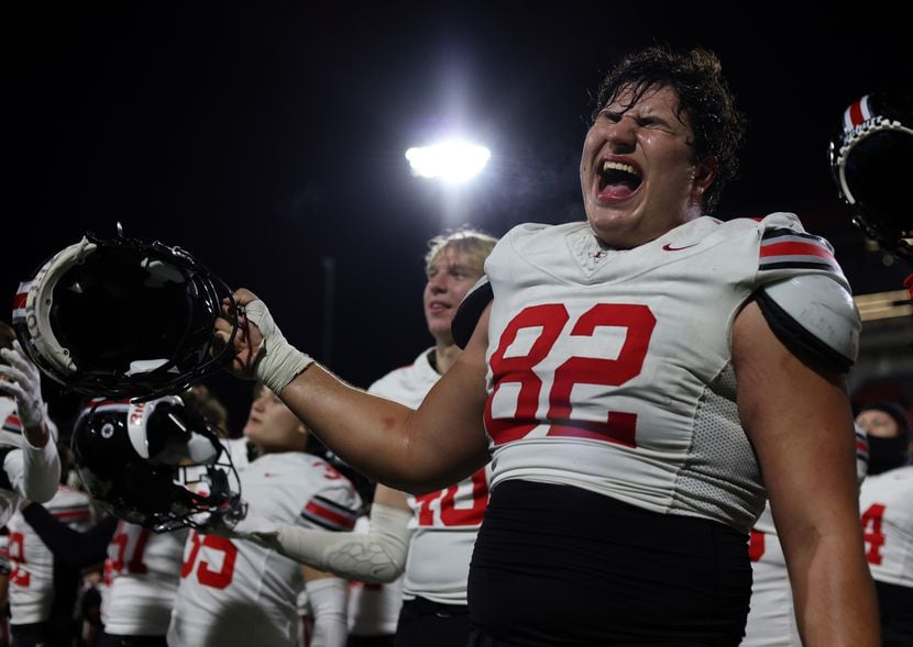 Lucas Lovejoy defensive lineman Nick Perez (82) lets out a yell as the band finishes playing...