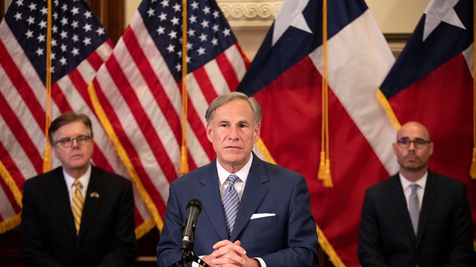 31 of the 39 members of Gov. Greg Abbott's Special Advisory Council on reopening Texas after coronavirus have donated to his campaigns, according to a Dallas Morning News analysis. He is shown announcing the group on Friday, with Lt. Gov. Dan Patrick (left) and Speaker Dennis Bonnen.
