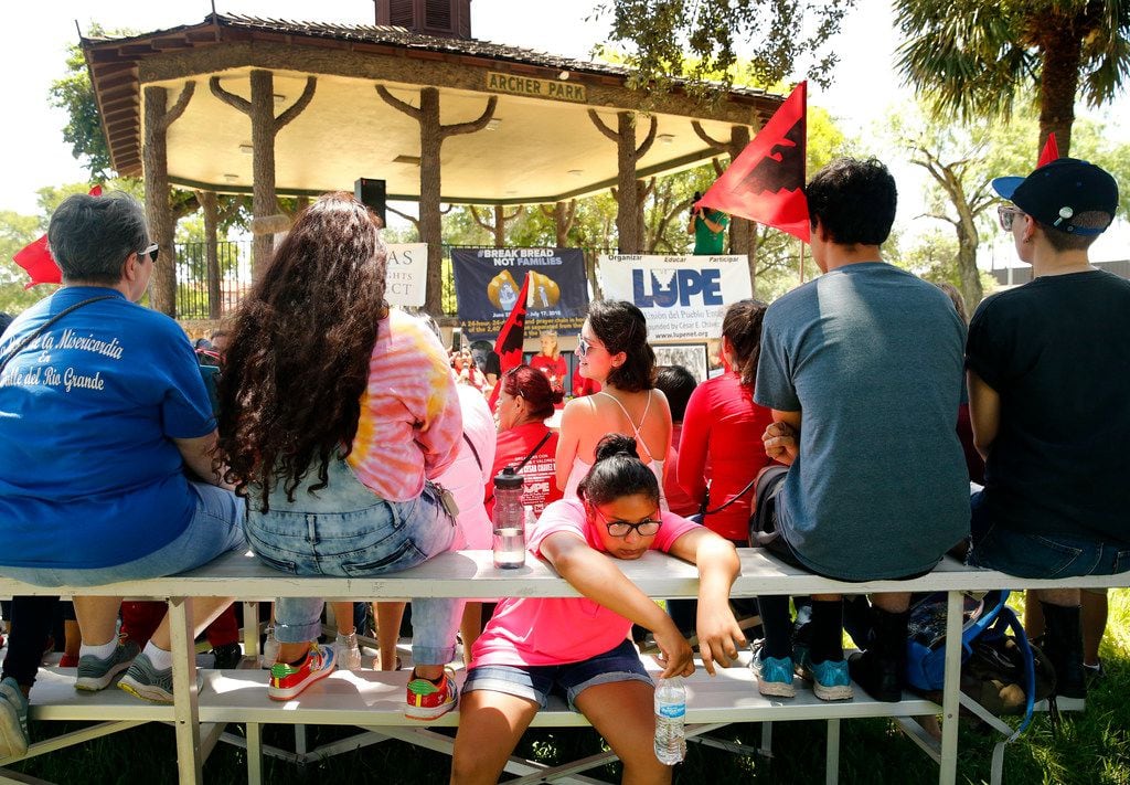 People assembled in the searing heat to hear  Break Bread Not Families speakers, including Kerry Kennedy and Dolores Huerta, at Archer Park in McAllen, Texas, Saturday, June 23, 2018. The rally was hosted by LUPE (La Union Del Pueblo Entero) to protest the treatment of families crossing into the United States.