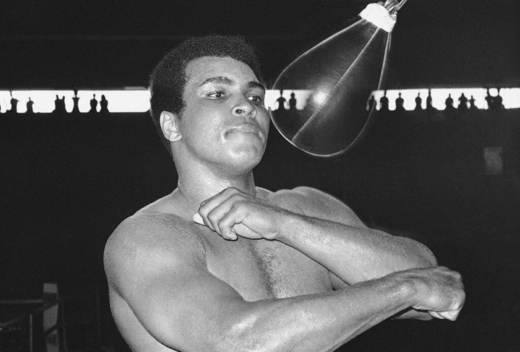 In this Sept. 29, 1975, file photo, Muhammad Ali punches a speed bag at the Folk Art Center...