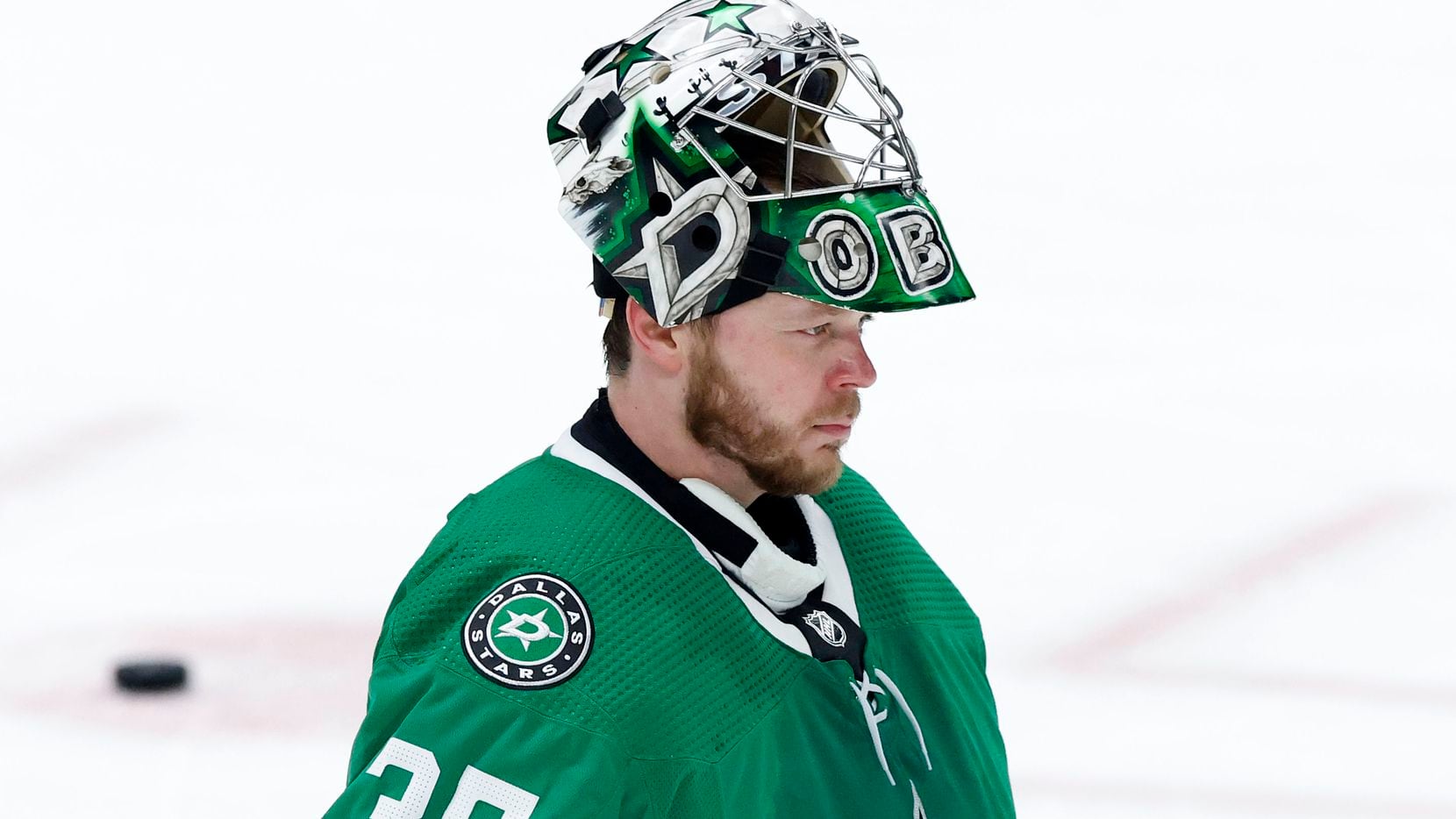 Dallas Stars goaltender Anton Khudobin (35) skates to the goal following a third period break in play against the Carolina Hurricanes at the American Airlines Center in Dallas, Tuesday, April 27, 2021.