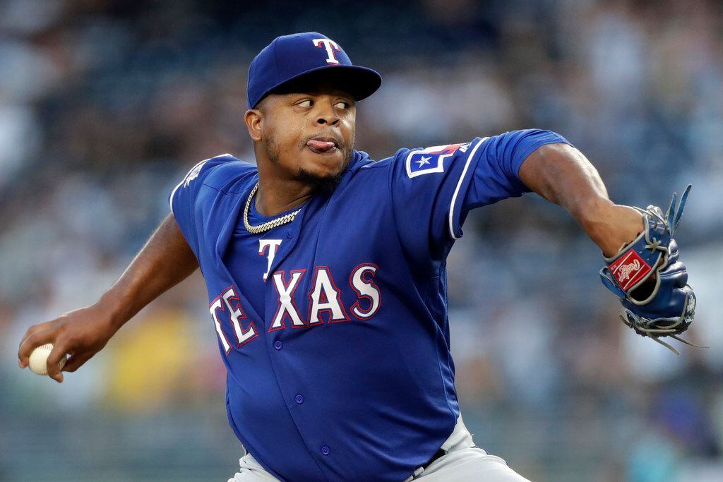 NEW YORK, NY - SEPTEMBER 3: Edinson Volquez #36 of the Texas Rangers pitches against the New...