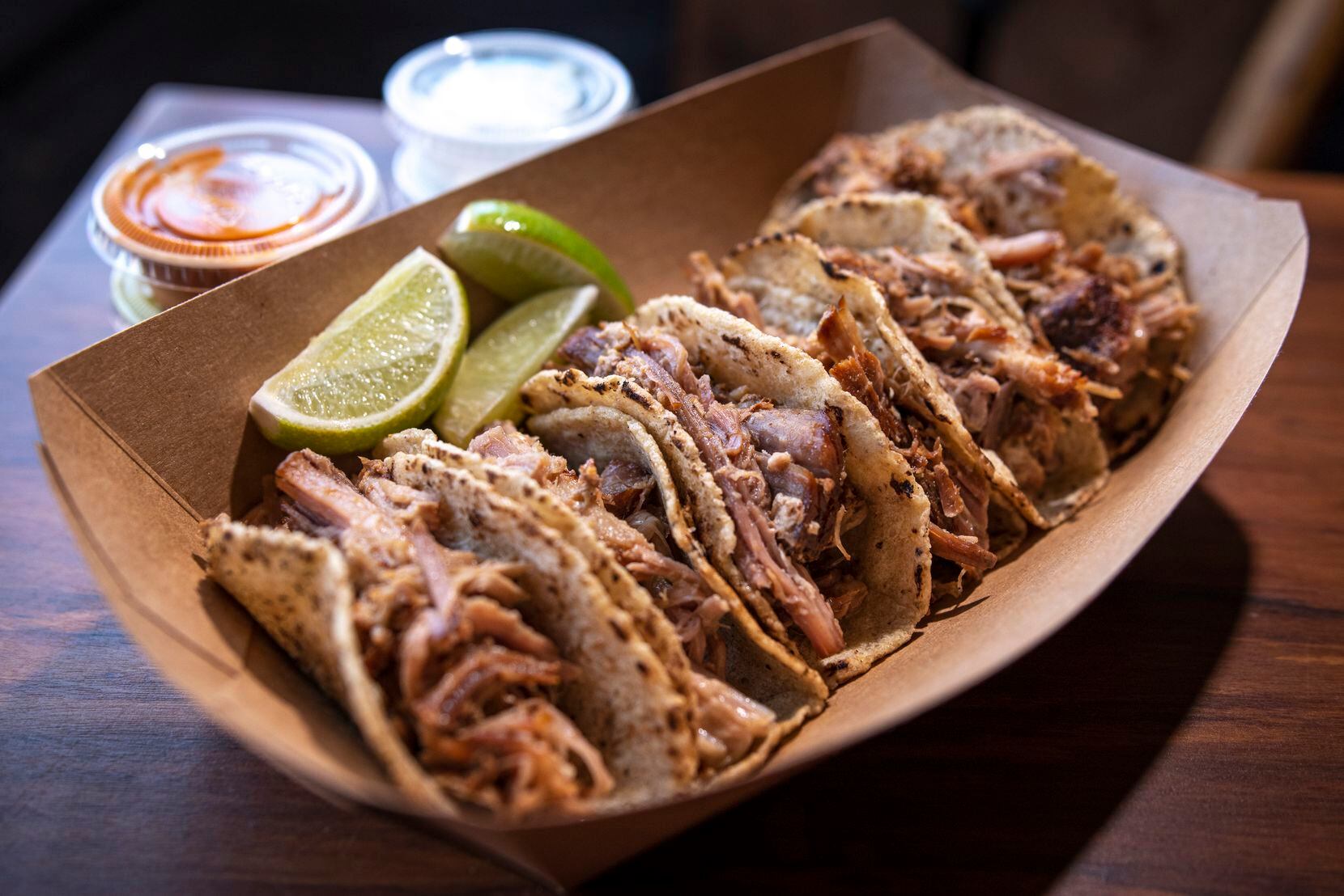A six-pack of carnitas tacos from Las Almas Rotas in Dallas
