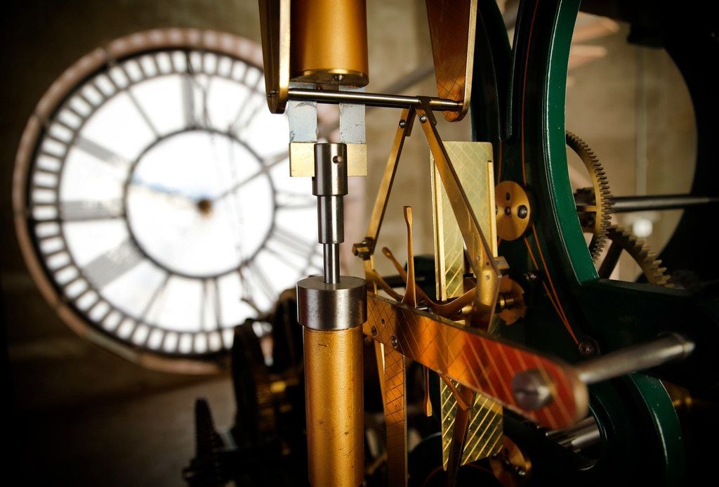 The timing mechanism on the E. Howard & Co.tower clock in the old, red Dallas County Courthouse, now known as Old Red Museum, in downtown Dallas, Saturday, March 9, 2019. Daylights savings time begins early Sunday morning. 