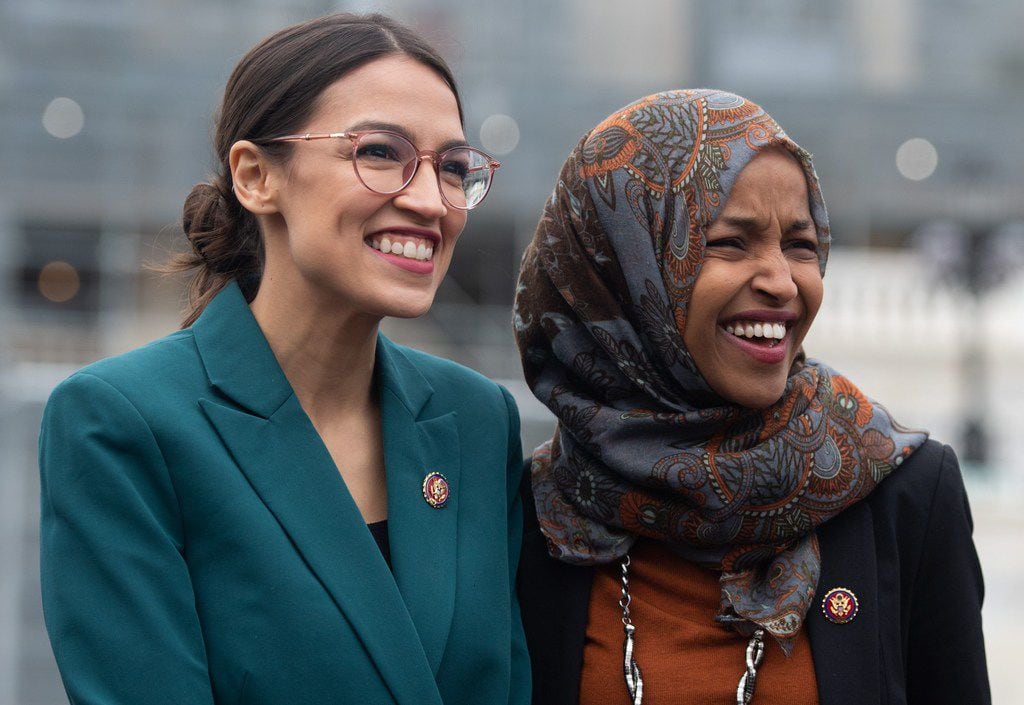 In this photo taken on February 7, 2019 Rep. Alexandria Ocasio-Cortez, D-N.Y., and Rep....