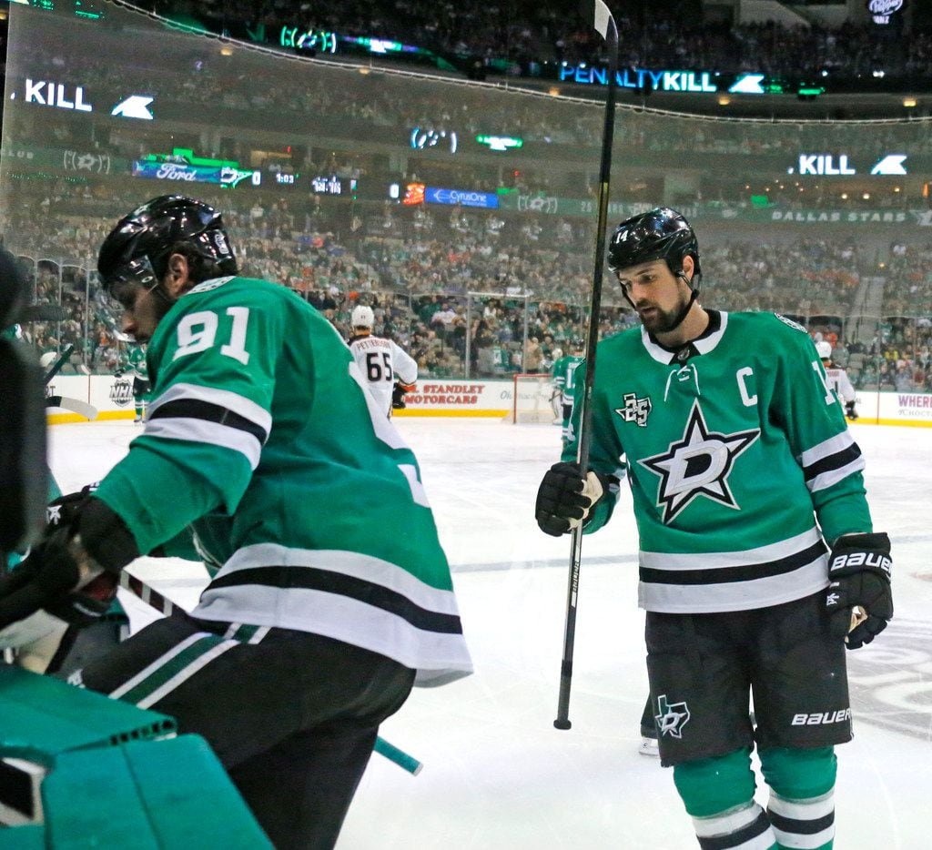 Dallas Stars Tyler Seguin (91) and Jamie Benn (14) are pictured during the Anaheim Ducks vs....