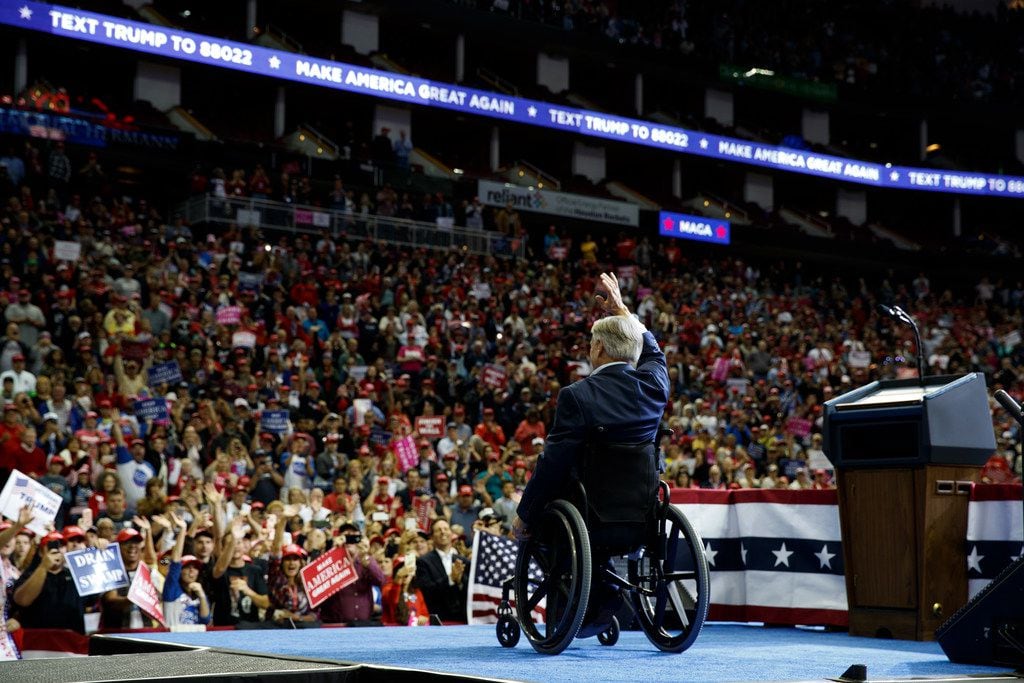 Texas Gov. Greg Abbott speaks during a campaign rally with President Donald Trump at the...