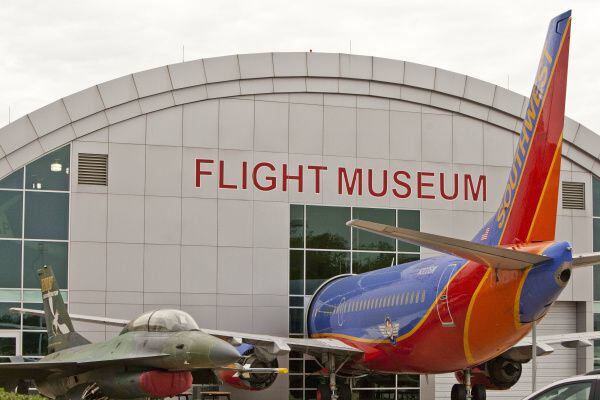 A F-16 and a Southwest 737 on display at the Frontiers of Flight Museum in Dallas.