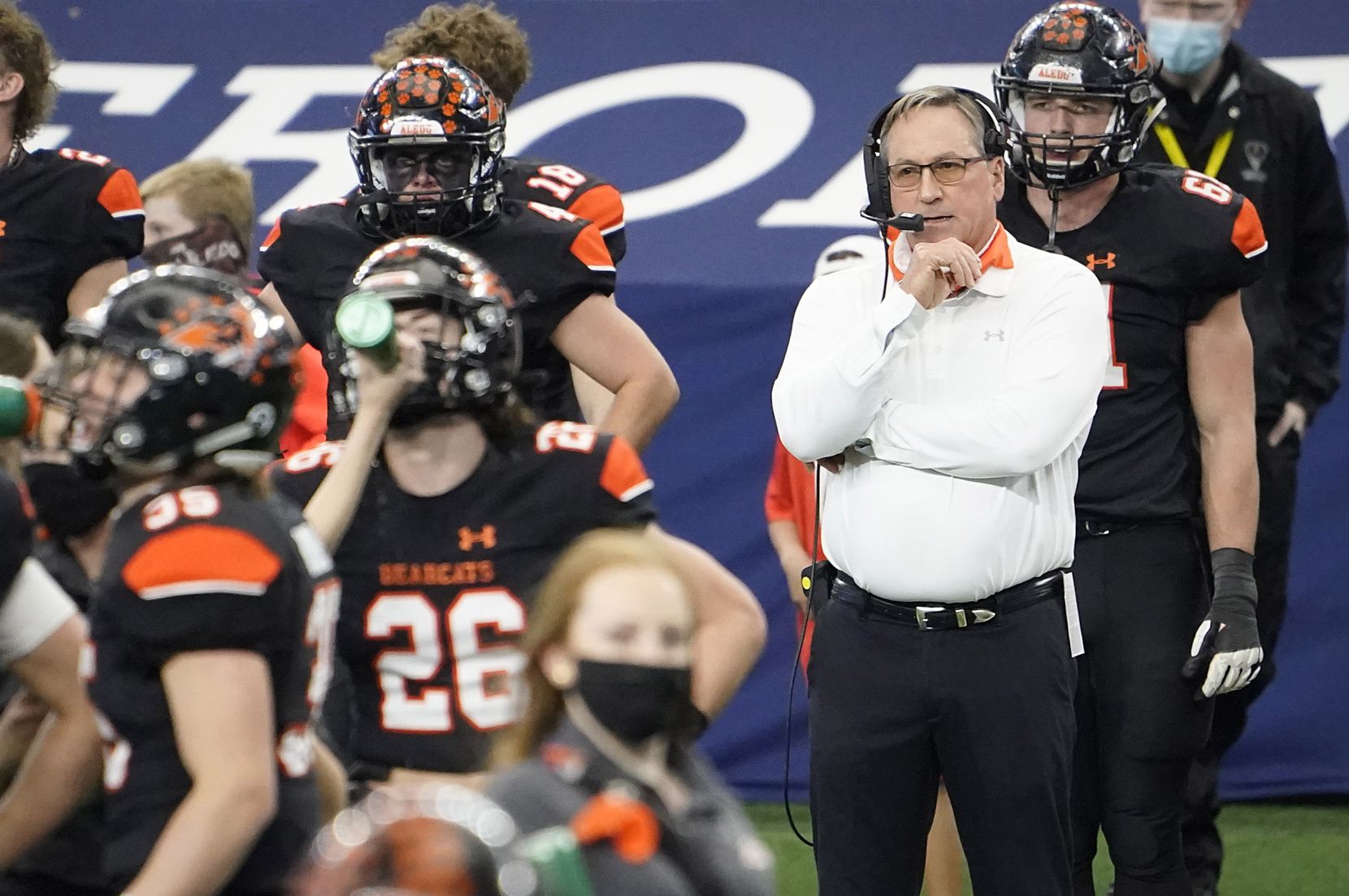 Aledo head coach Tim Buchanan works on the sidelines during the first half of the Class 5A Division II state football championship game against Crosby at AT&T Stadium on Friday, Jan. 15, 2021, in Arlington. (Smiley N. Pool/The Dallas Morning News)