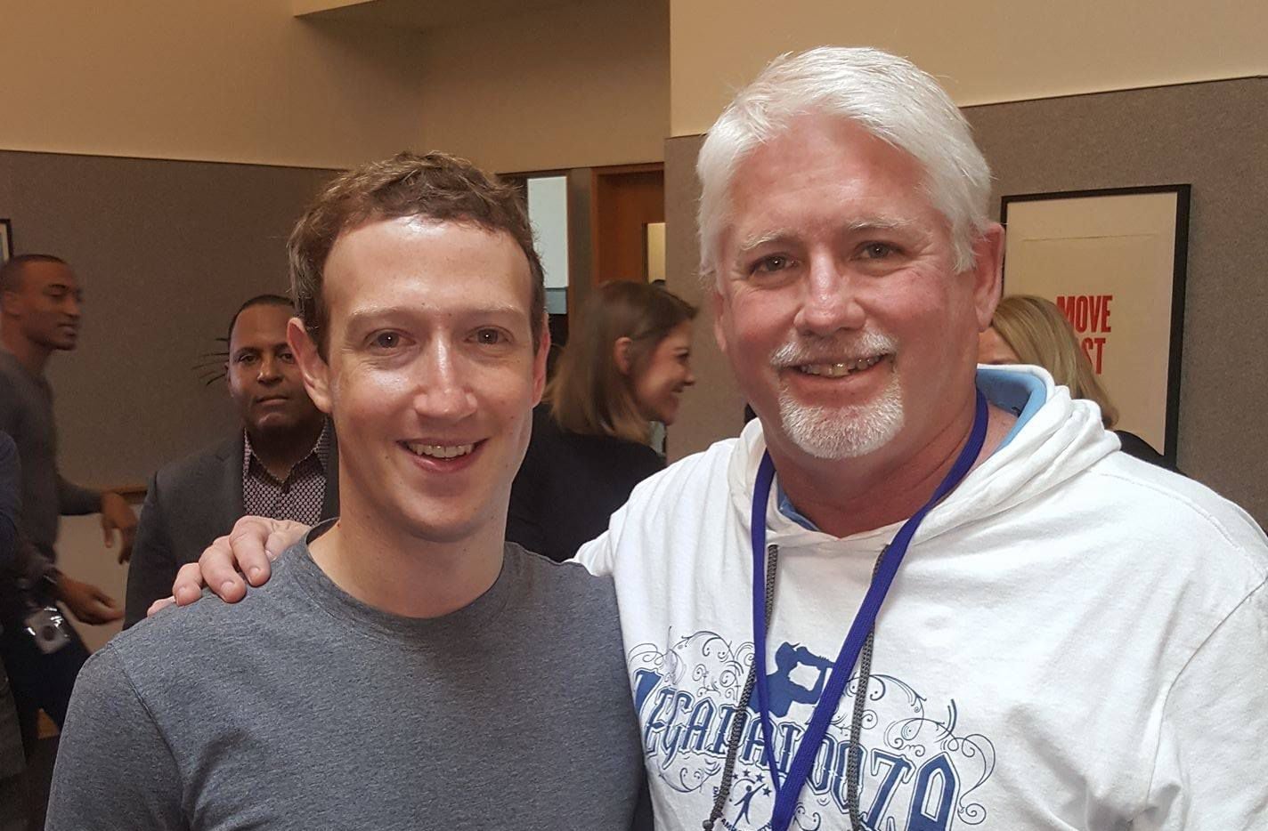 Facebook CEO Mark Zuckerberg (left) and the Dallas Amputee Network's Tommy Donahue.