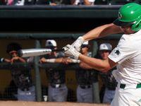 Southlake Carroll batter Owen Proksch (9) hits a 2-RBI single in the bottom of the 4th to...