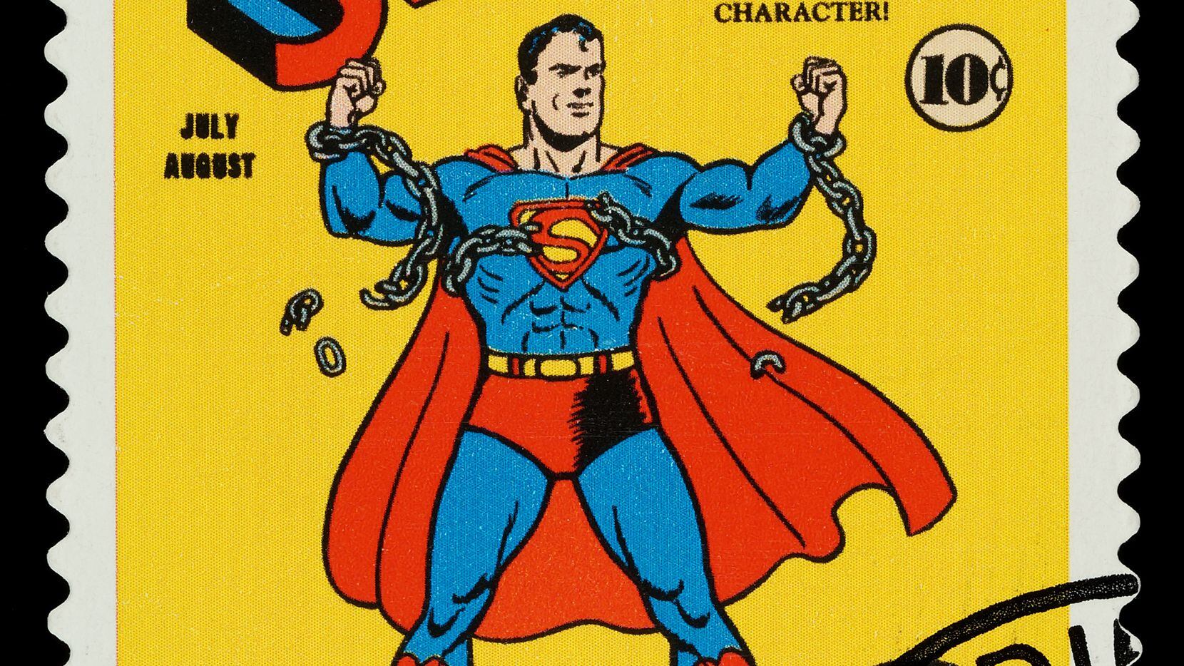 Esta imagen muestra un timbre postal conmemorando al héroe del comic Superman. El timber fue impreso en 2006.