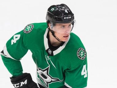 Dallas Stars defenseman Miro Heiskanen (4) looks for a pass during the second period of an NHL game between the Dallas Stars and the Carolina Hurricanes on Tuesday, February 11, 2020 at American Airlines Center in Dallas. (Ashley Landis/The Dallas Morning News)