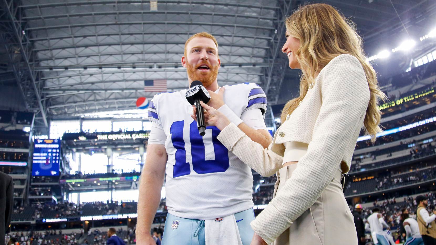Dallas Cowboys quarterback Cooper Rush (10) talks to Fox Sports following the Washington...
