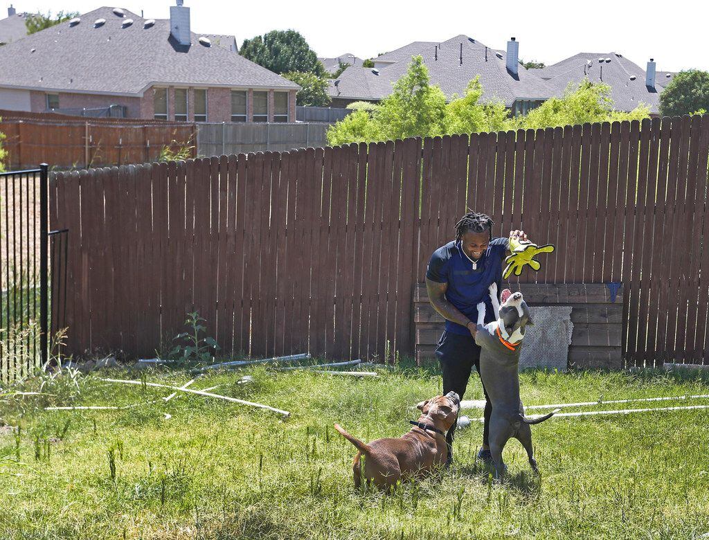 Dallas Cowboys defensive back Kavon Frazier plays with his two pet dogs in the backyard of...