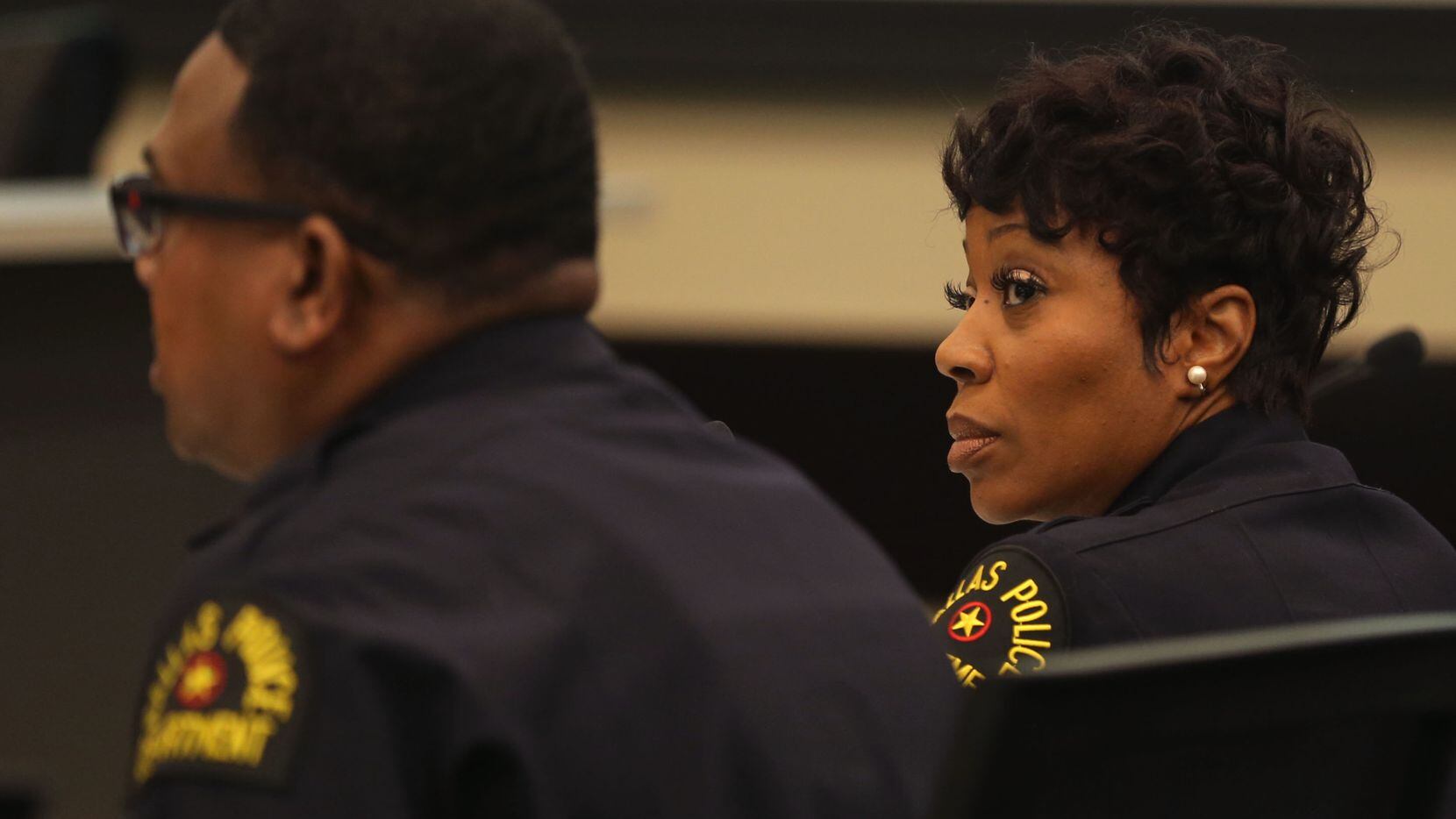 Dallas Police Chief U. Renee Hall listened to Lt. David Davis during a Dallas City Council...