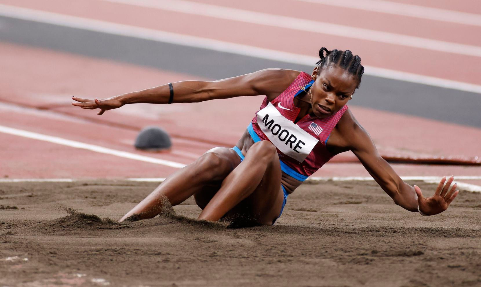 USA’s Jasmine Moore competes in the women’s triple jump qualification round during the...