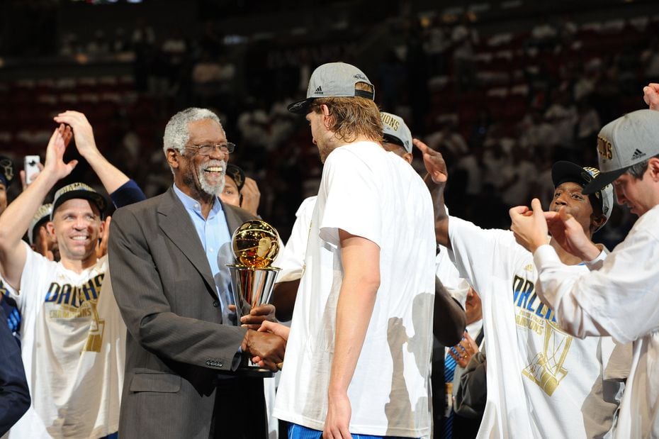 MIAMI, FL - JUNE 12: NBA Legend Bill Russell presents Dirk Nowitzki #41 of the Dallas...