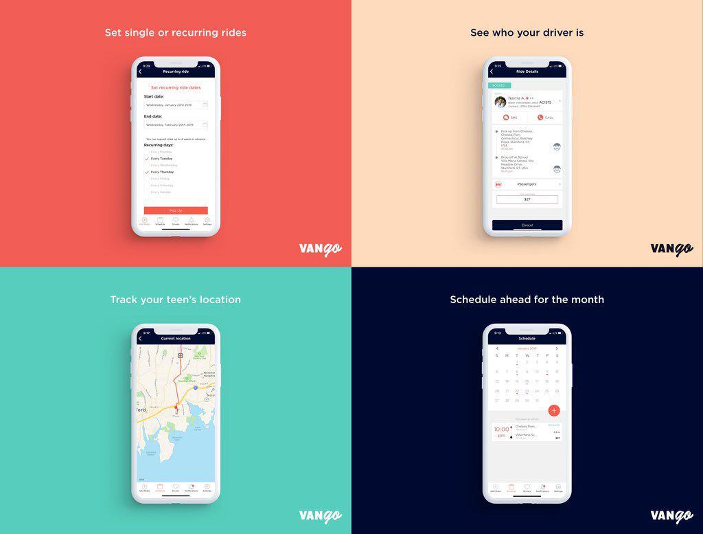 A layout shows different screens of VanGo, an app designed to help give working parents...