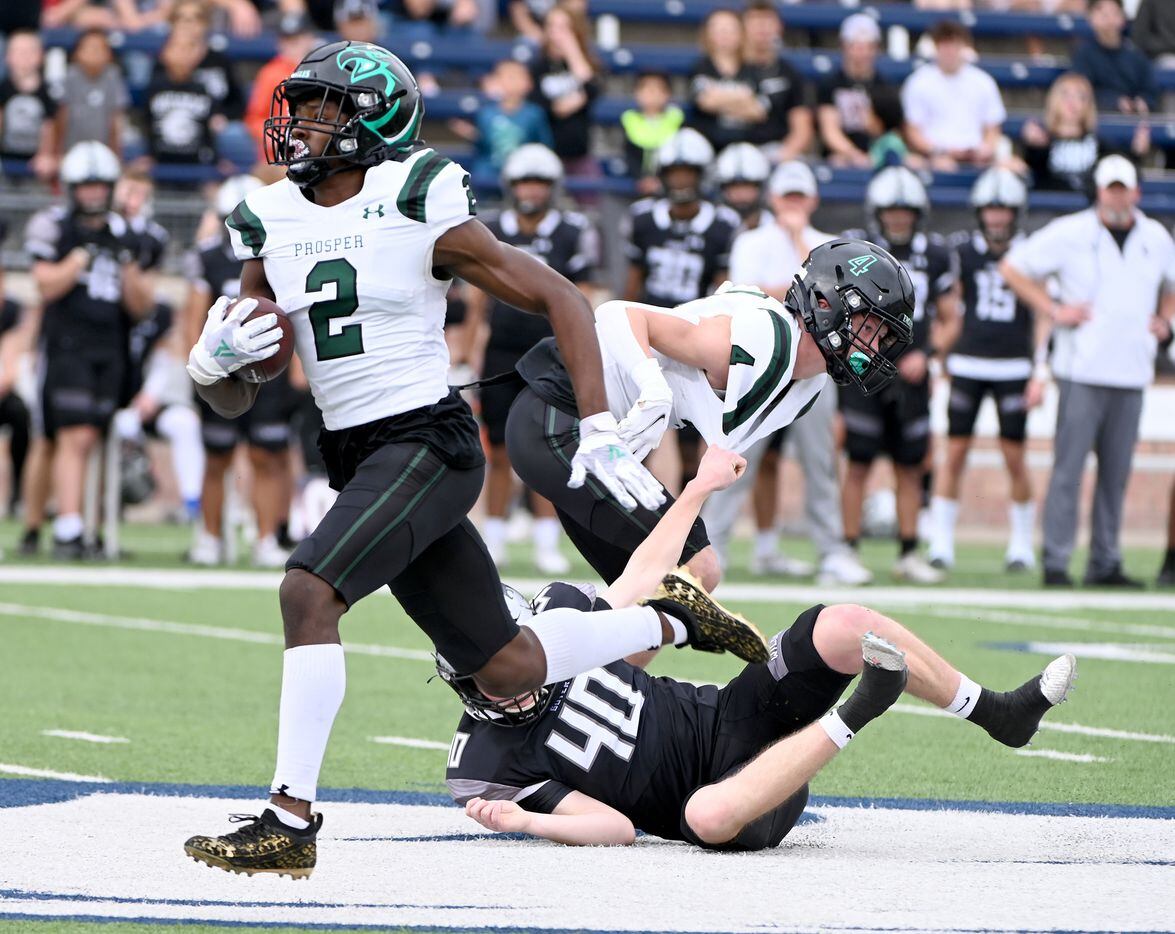 Prosper’s Kaleb Miles (2) runs a kickoff for a touchdown in the first half of a Class 6A Division II Region I final high school playoff football game between Denton Guyer and Prosper, Saturday, Dec. 4, 2021, in Allen, Texas. Celina won 34-0. (Matt Strasen/Special Contributor)