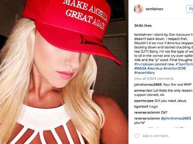 A photo posted to the Instagram account of Tomi Lahren, showing her wearing a ballcap with...
