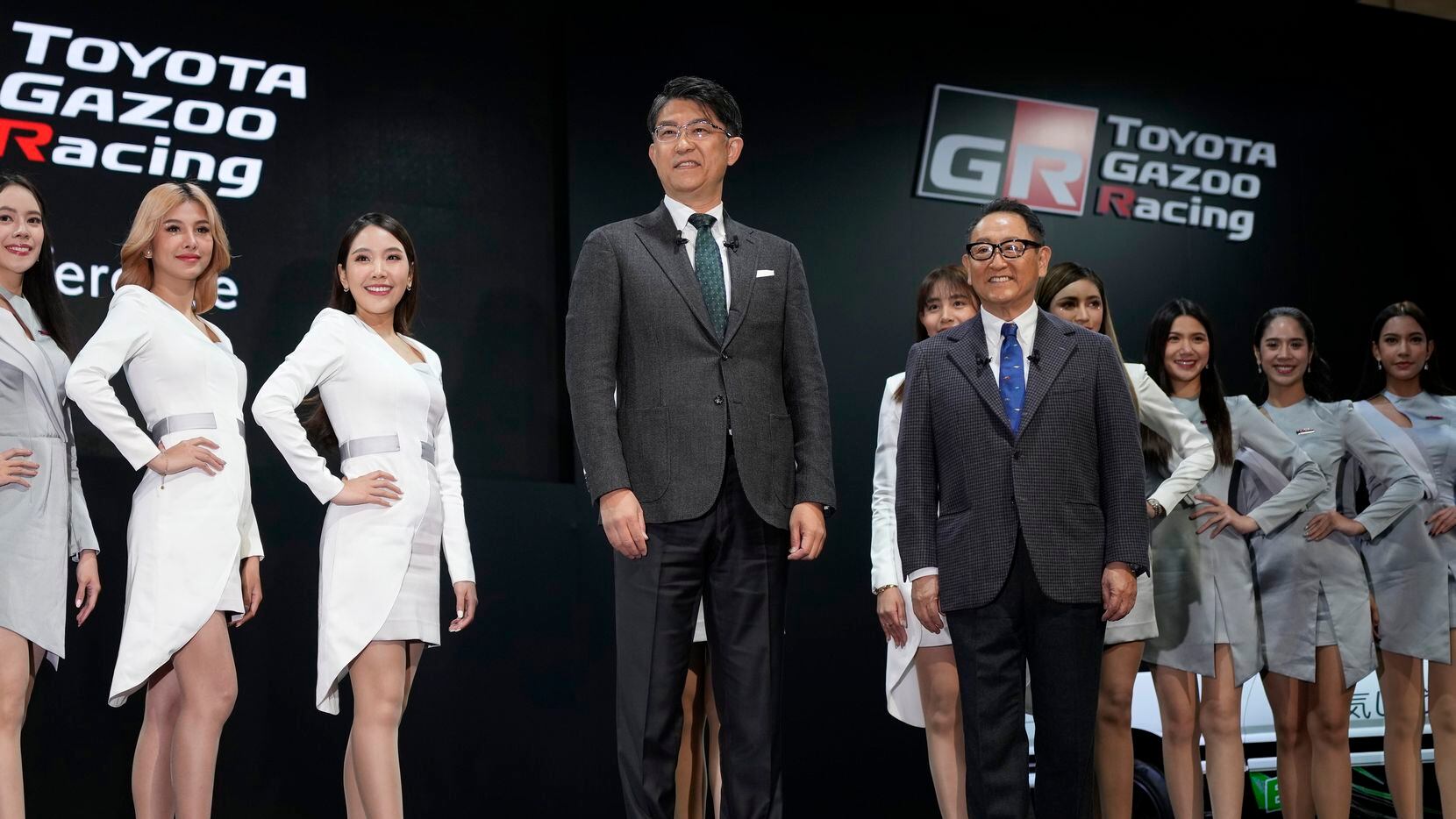 Toyota Motor Corp. CEO Akio Toyoda, right, and Koji Sato, Toyota Gazoo Racing Company...