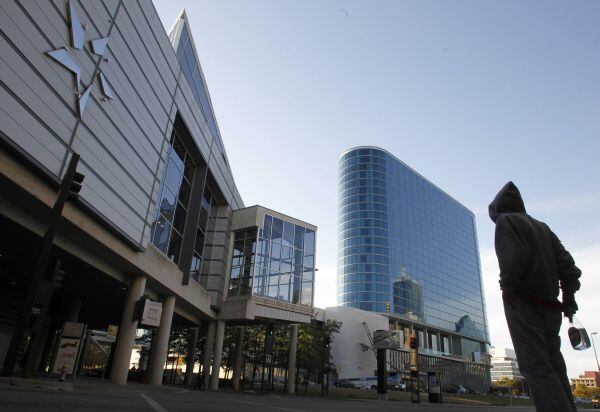 The Kay Bailey Hutchison Convention Center, left, and the Omni Hotel in downtown Dallas in...