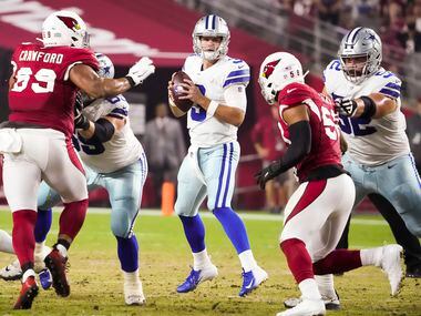 Dallas Cowboys quarterback Garrett Gilbert (3) looks to pass as tackle Brandon Knight (69) and guard Connor Williams (52) provide protection during the first quarter of an NFL football game against the Arizona Cardinals at State Farm Stadium on Friday, Aug. 13, 2021, in Glendale, Ariz. (Smiley N. Pool/The Dallas Morning News)