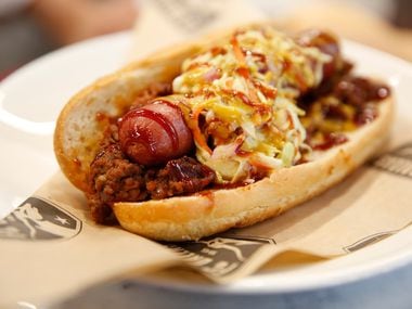 The BBQ Texas Dog, hot dog with brisket, barbecue sauce and beer mustard cole slaw at Toyota Stadium.