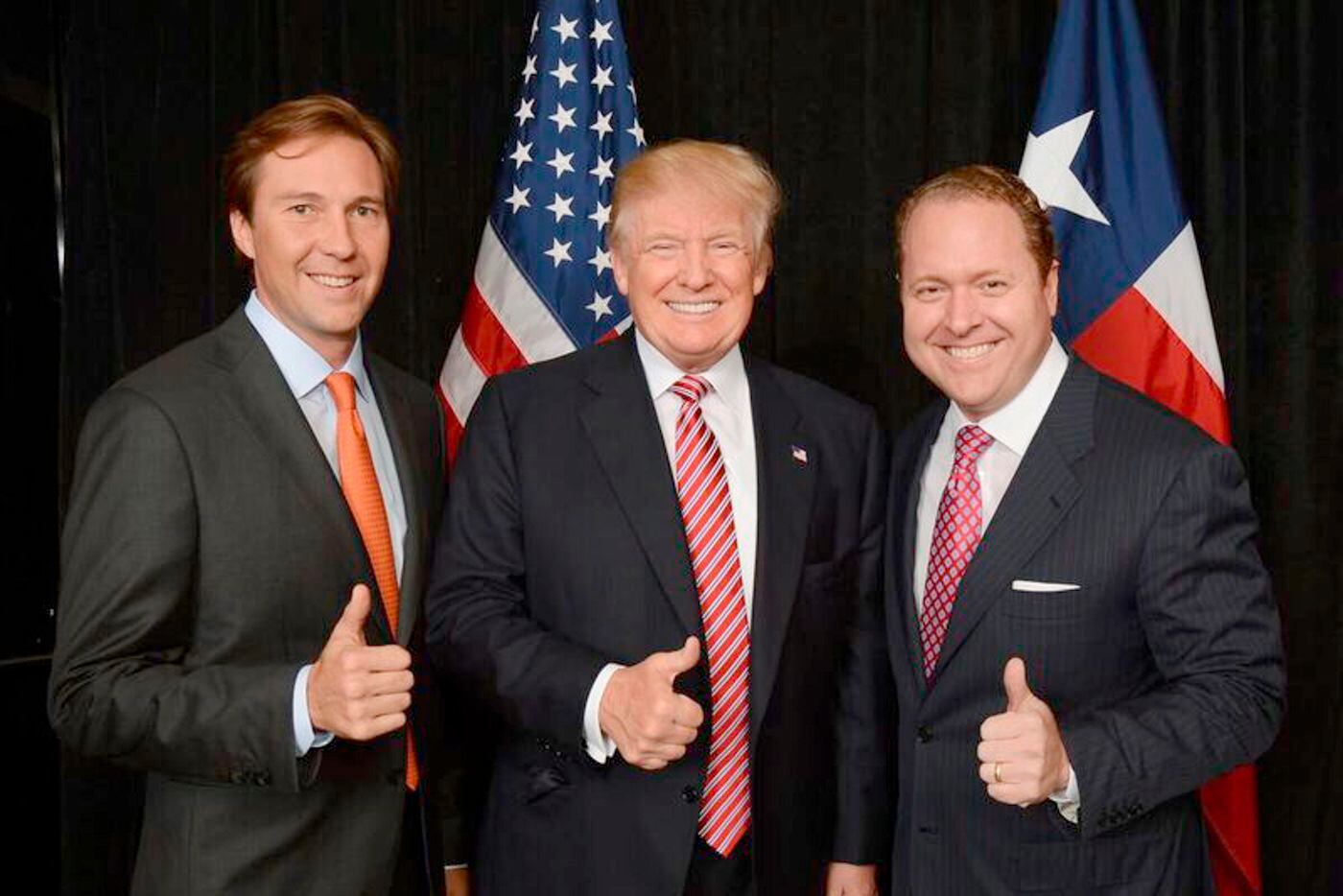 Tommy Hicks Jr., (from left) left, Donald Trump and Gentry Beach.  Hicks and Beach, two Dallas businessmen were instrumental in raising millions for the campaign and are credited with helping shape the successful upset campaign.