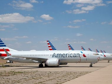 Eight of about a dozen grounded American Airlines Boeing 737 Max 8 aircraft were being kept in storage on a remote taxiway at Roswell International Air Center in Roswell, New Mexico.