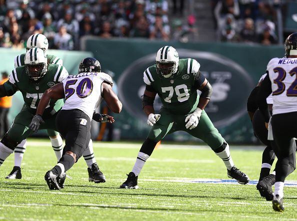 EAST RUTHERFORD, NJ - OCTOBER 23:  Ryan Clady #78 of the New York Jets plays against  the...