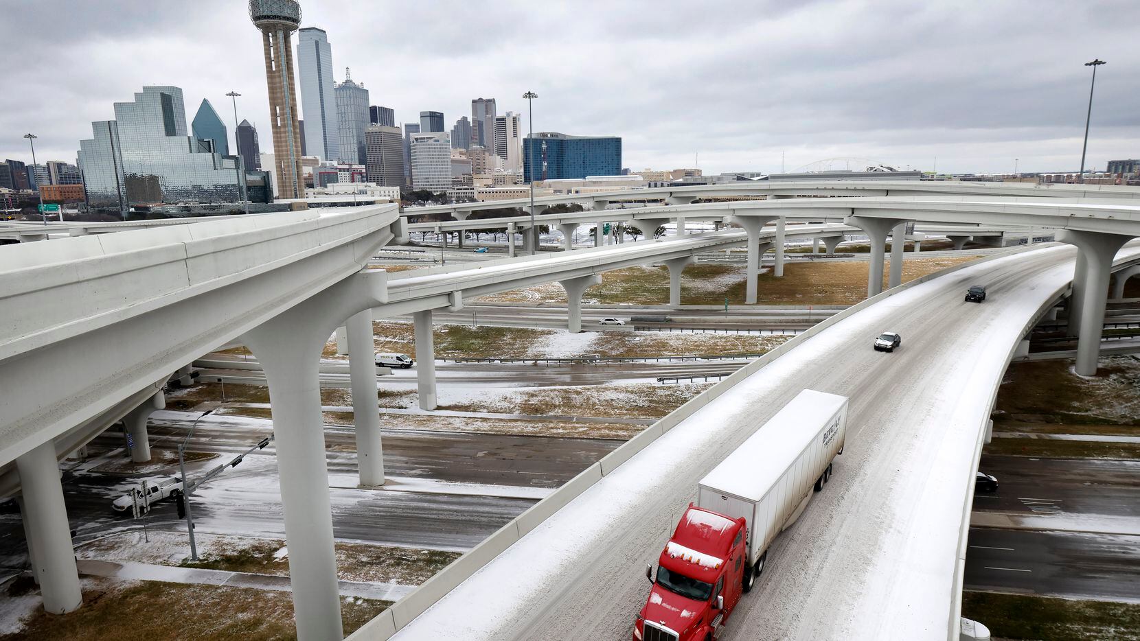 Traffic moves slowly across bridges comprising the Mix Master interchange in downtown Dallas...