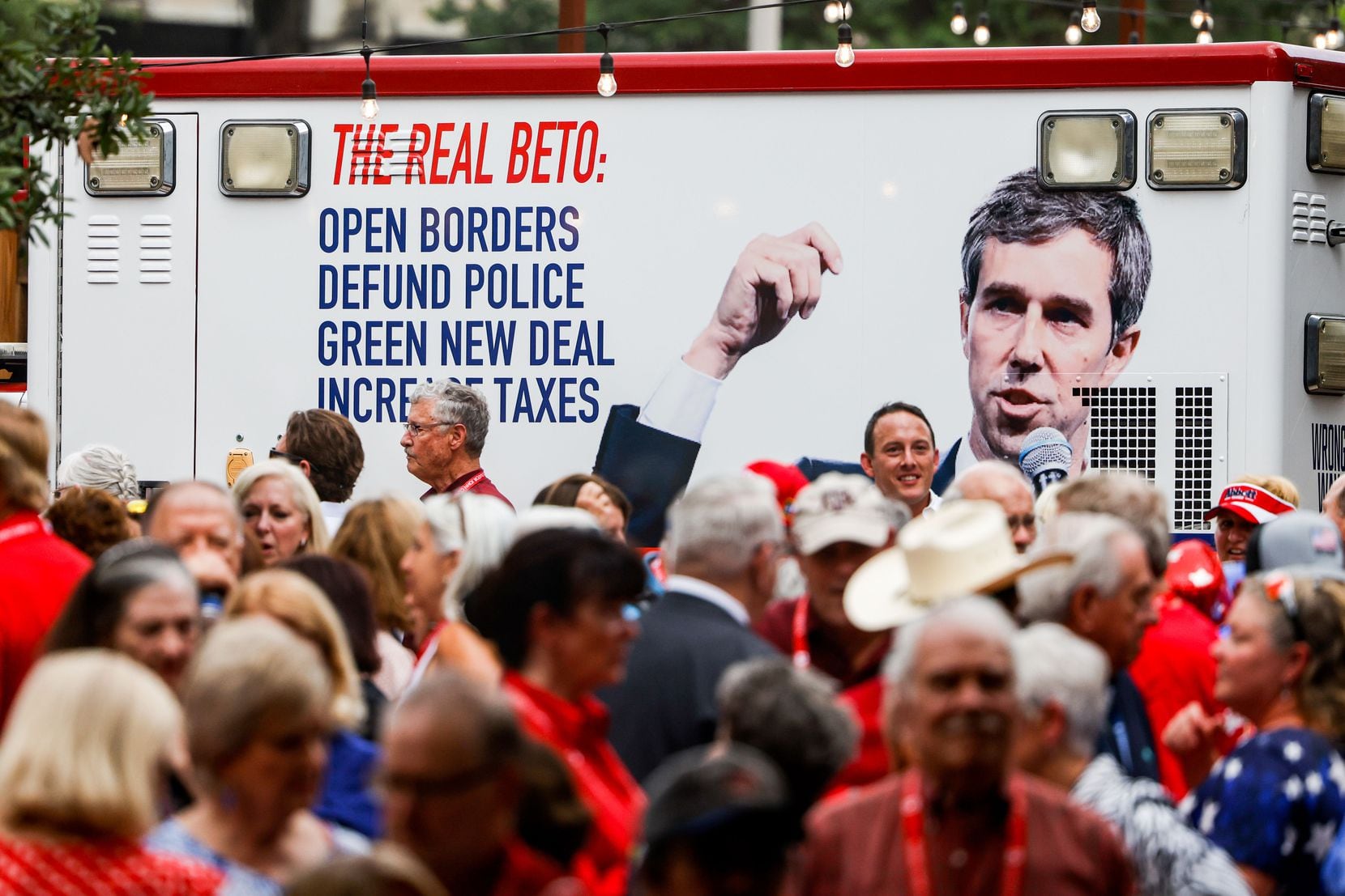 An ambulance laminated with views about Beto O'Rourke, Democratic candidate for governor of...