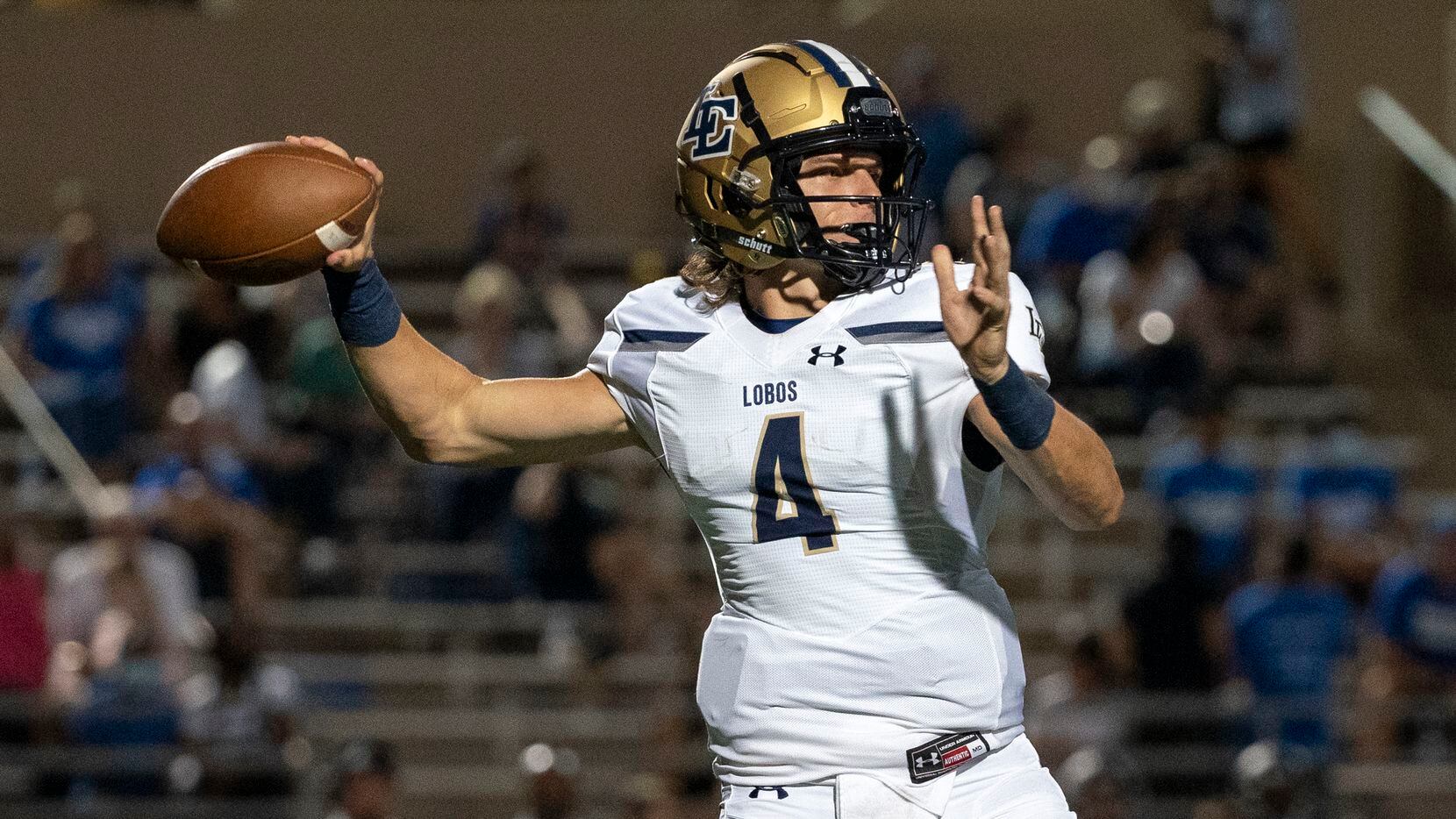 Little Elm senior quarterback John Mateer (4) throws a pass during the first half of a high school football game against Plano West on Friday, Sept. 10, 2021 at John Clark Stadium in Plano, Texas. (Jeffrey McWhorter/Special Contributor)