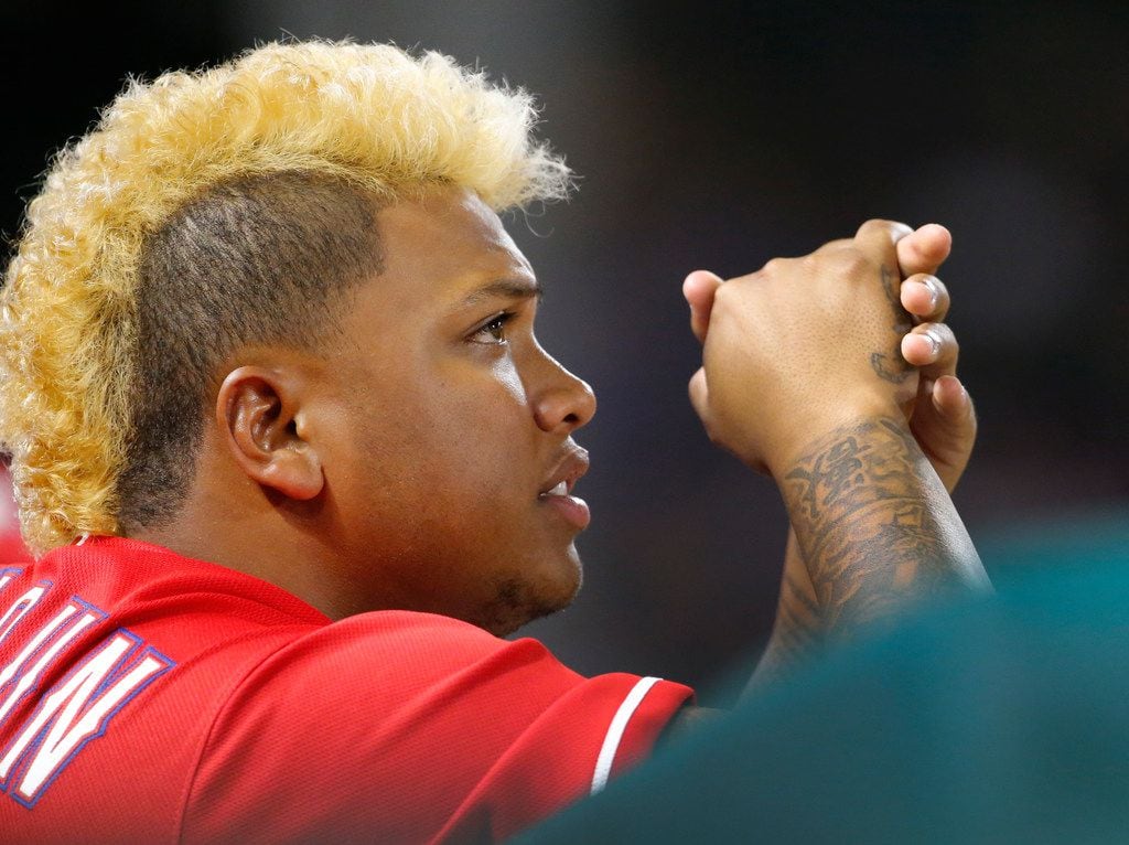Texas Rangers designated hitter Willie Calhoun (5) is pictured during the Cleveland Indians...