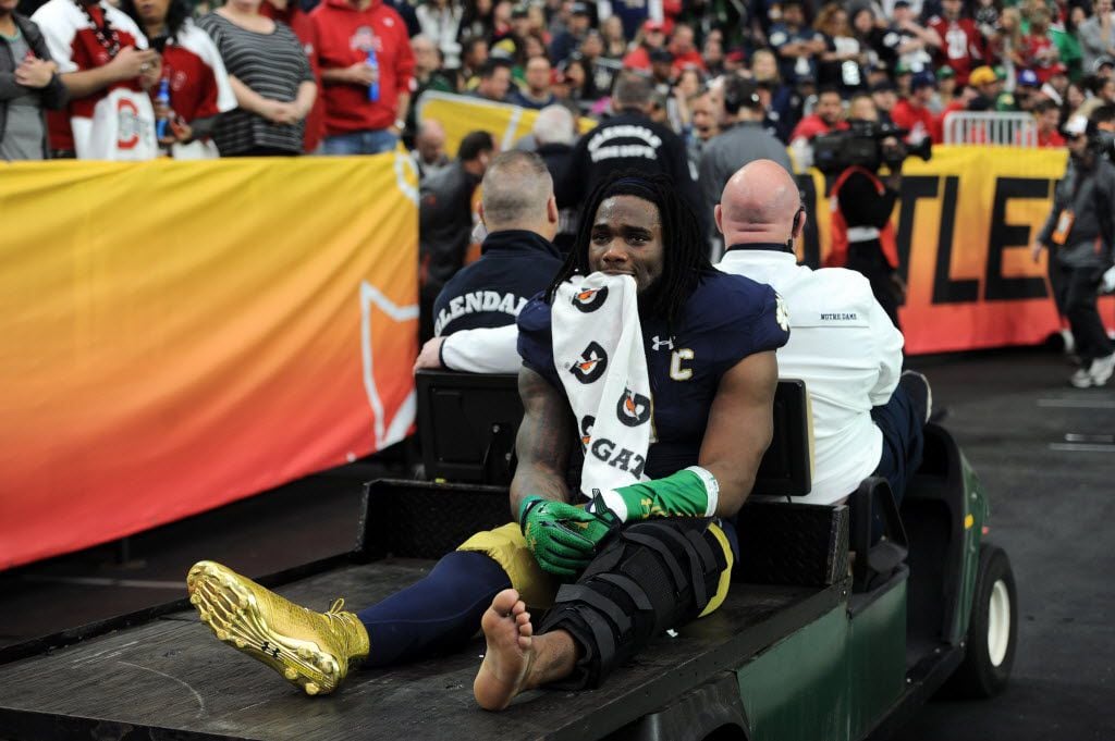 Notre Dame Fighting Irish linebacker Jaylon Smith (9) is carted off the field after being injured against the Ohio State Buckeyes during the first half of the 2016 Fiesta Bowl at University of Phoenix Stadium. Joe Camporeale-USA TODAY Sports