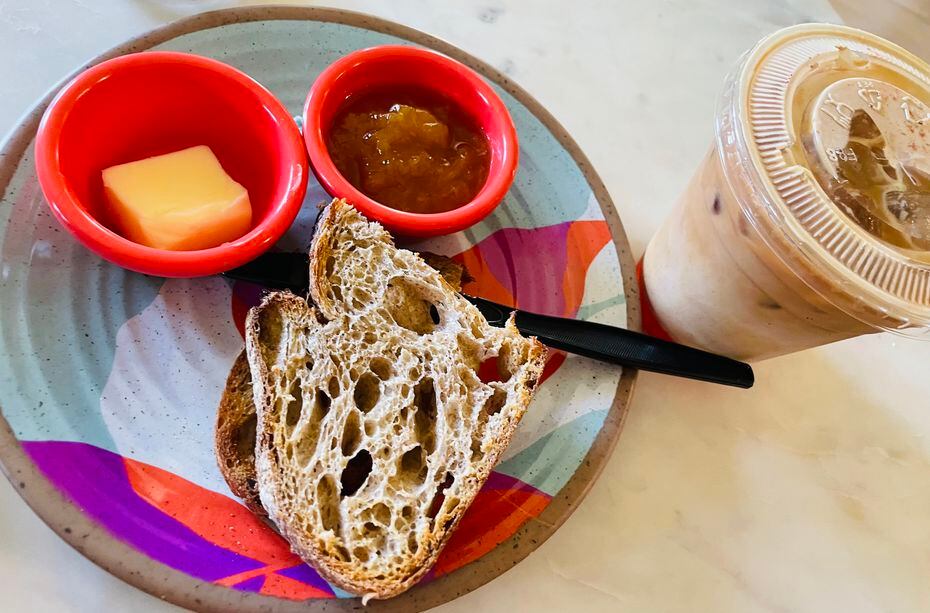 Sourdough Toast + Peach Preserves and Strawberry Fields Latte at Staycation Coffee