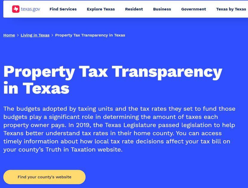 If you type Texas.Gov/PropertyTaxes into the web address box, it should lead you to this...