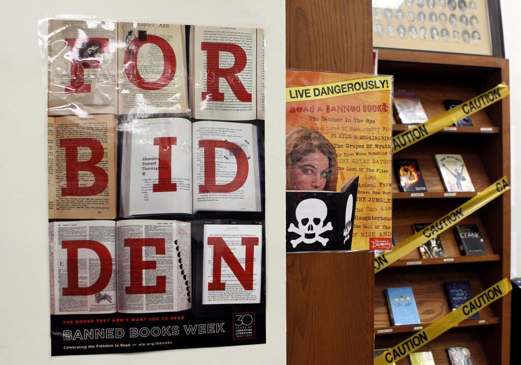 An archive photo shows banned books display in the library at North Dallas High School in 2013.