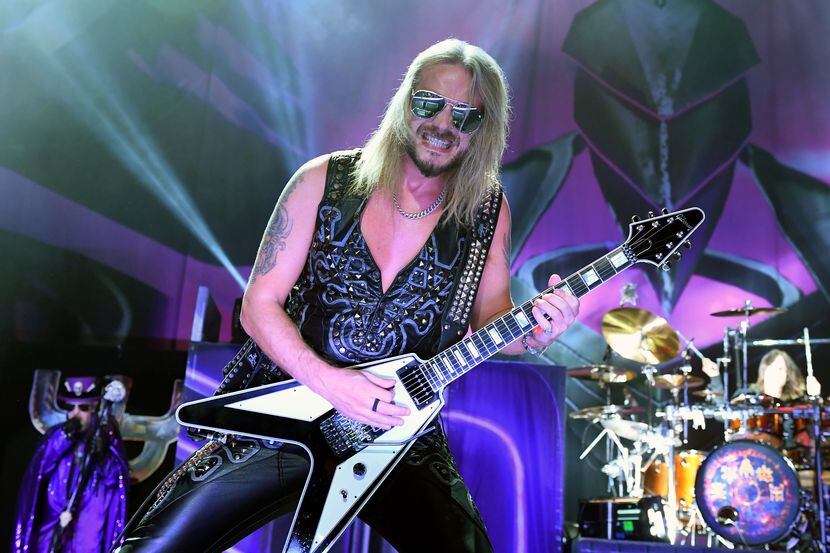 Singer Rob Halford (L) and guitarist Richie Faulkner of Judas Priest perform on the final...