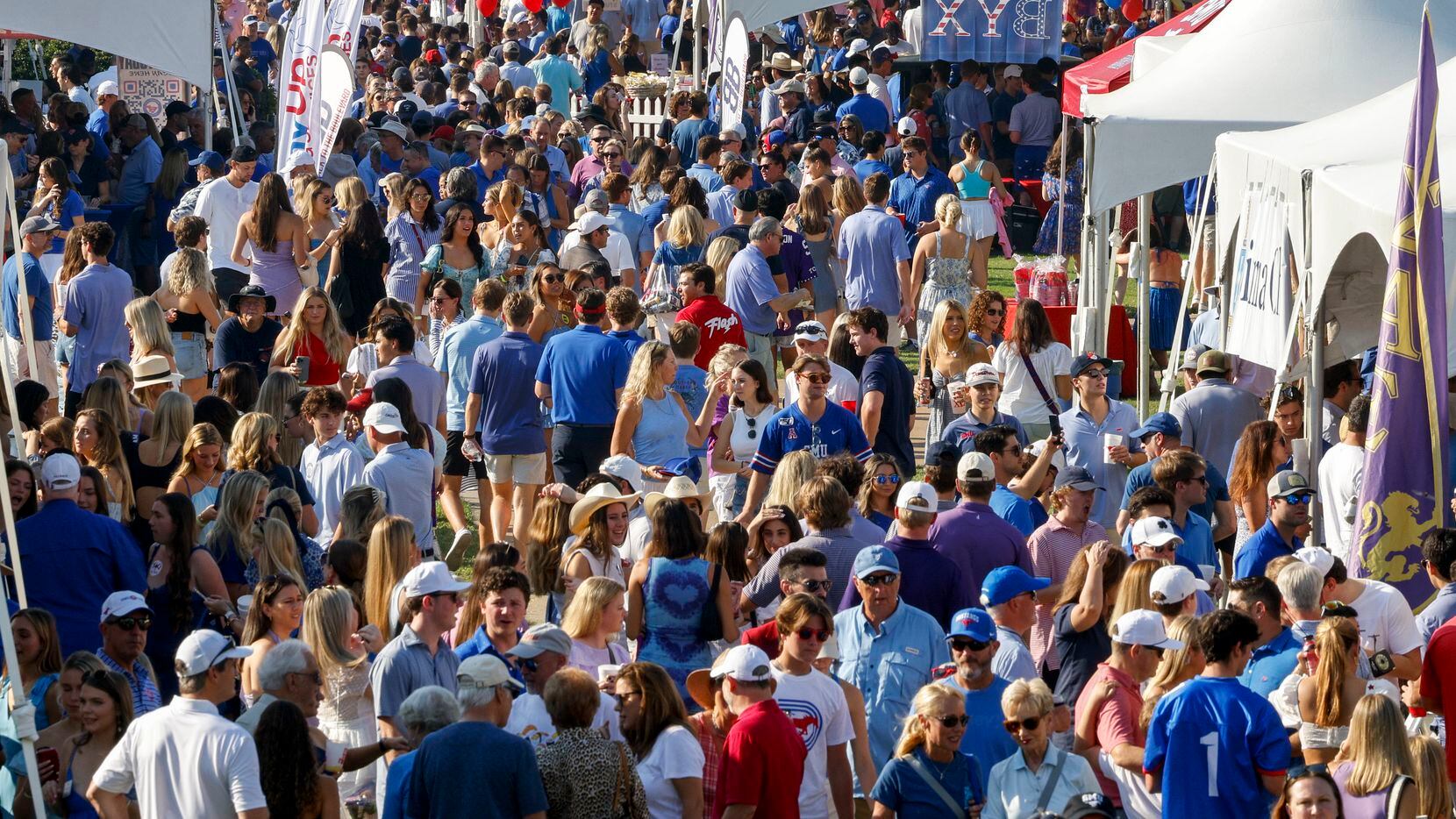 SMU fans tailgate on the Hilltop before a game against TCU at Ford Stadium, Saturday, Sept....