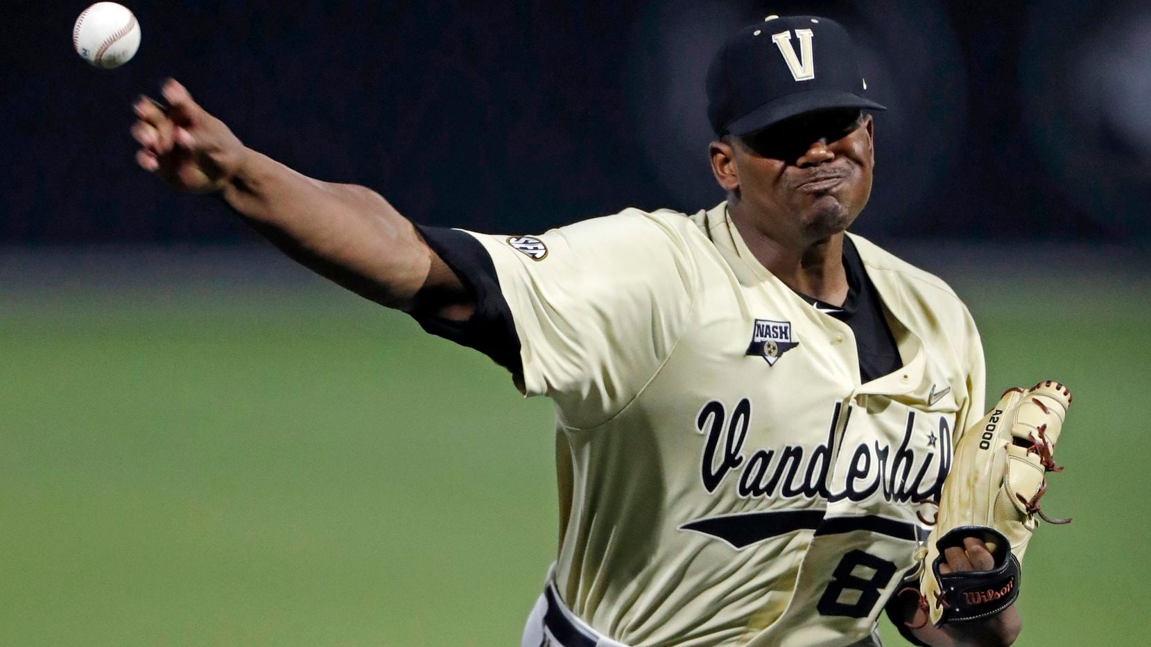 FILE - In this June 8, 2019, file photo, Vanderbilt's Kumar Rocker throws to a Duke batter during the eighth inning of an NCAA college baseball tournament super regional game in Nashville, Tenn. The 6-4, 255-pound Rocker was the talk of the NCAA Tournament after throwing a 19-strikeout no-hitter against Duke in super regionals and going 2-0 with a 1.46 ERA to earn Most Outstanding Player at the College World Series. (AP Photo/Wade Payne, File)