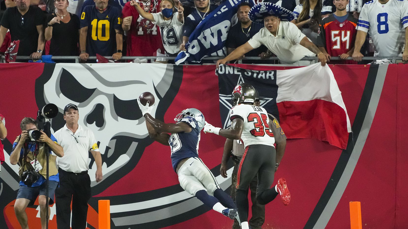 Dallas Cowboys wide receiver Michael Gallup (13) can’t make a catch in the end zone as Tampa Bay Buccaneers cornerback Jamel Dean (35) defends during the first half of an NFL football game at Raymond James Stadium on Thursday, Sept. 9, 2021, in Tampa, Fla.