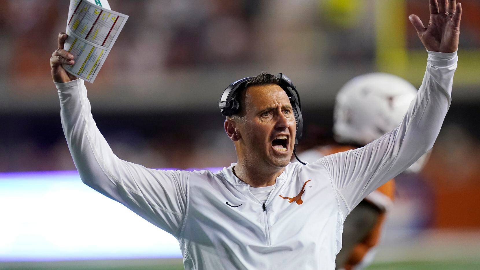 Texas head coach Steve Sarkisian reacts during the second half of an NCAA college football...