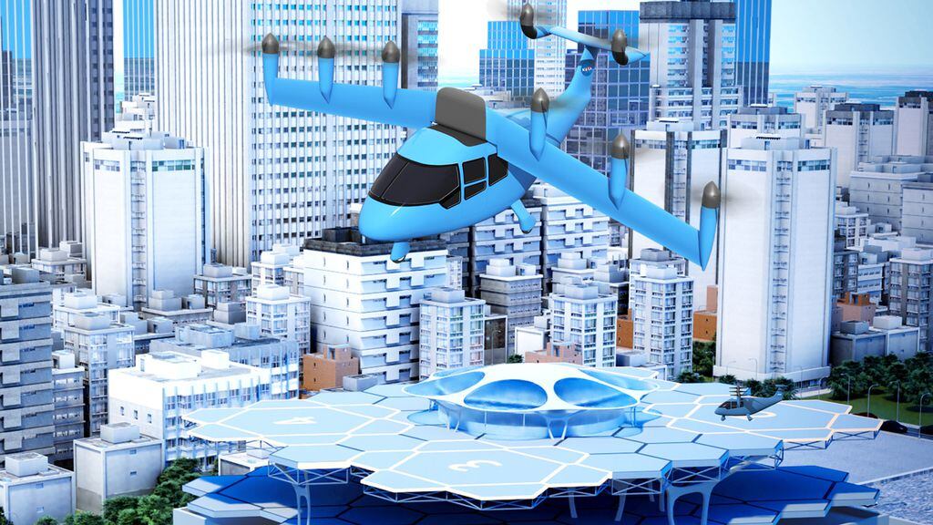 This NASA illustration shows a possible future air taxi hovering over a municipal vertiport....