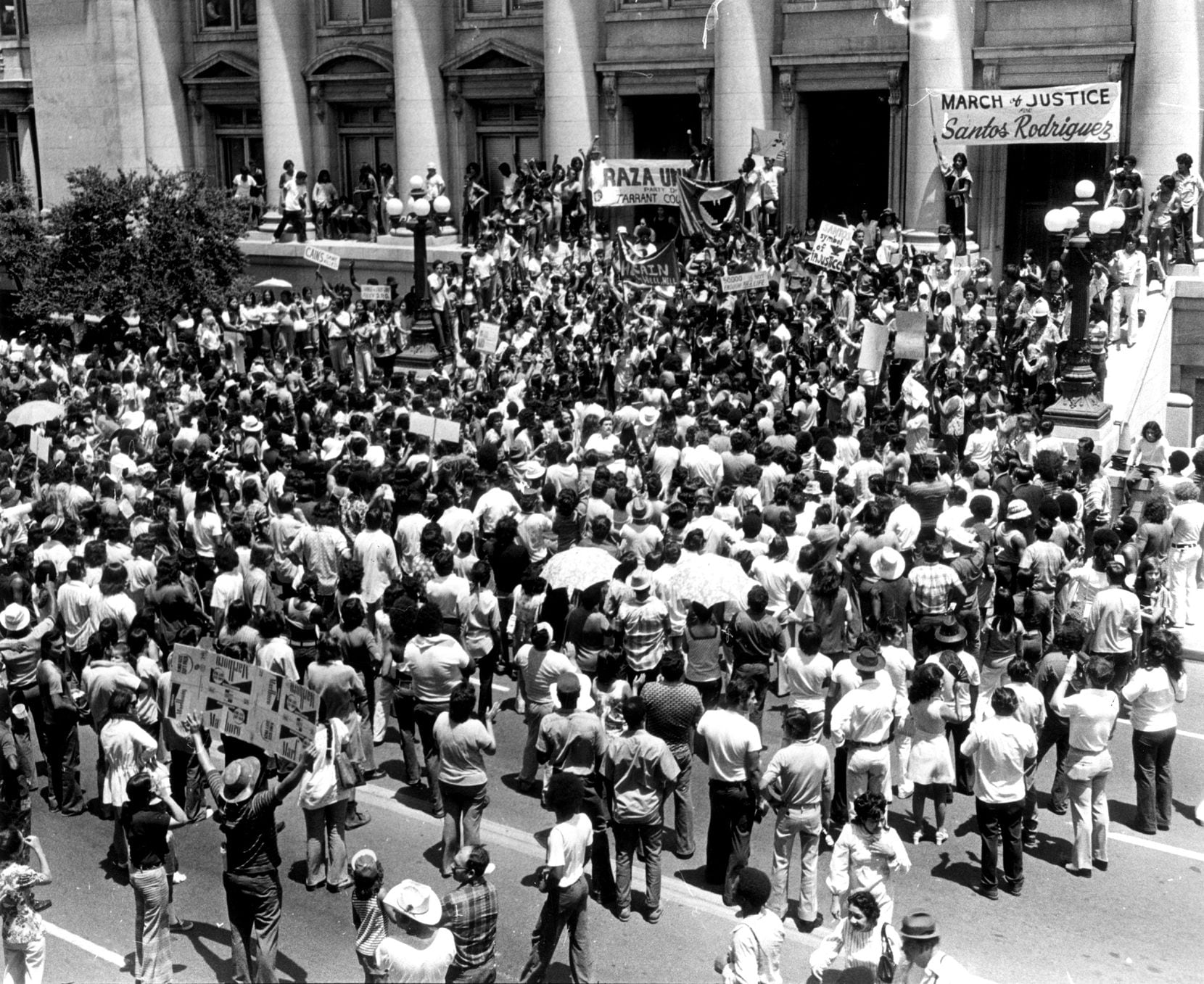 July 28, 1973 --- A crowd of mostly Mexican-Americans demonstrate  in front of Dallas City...